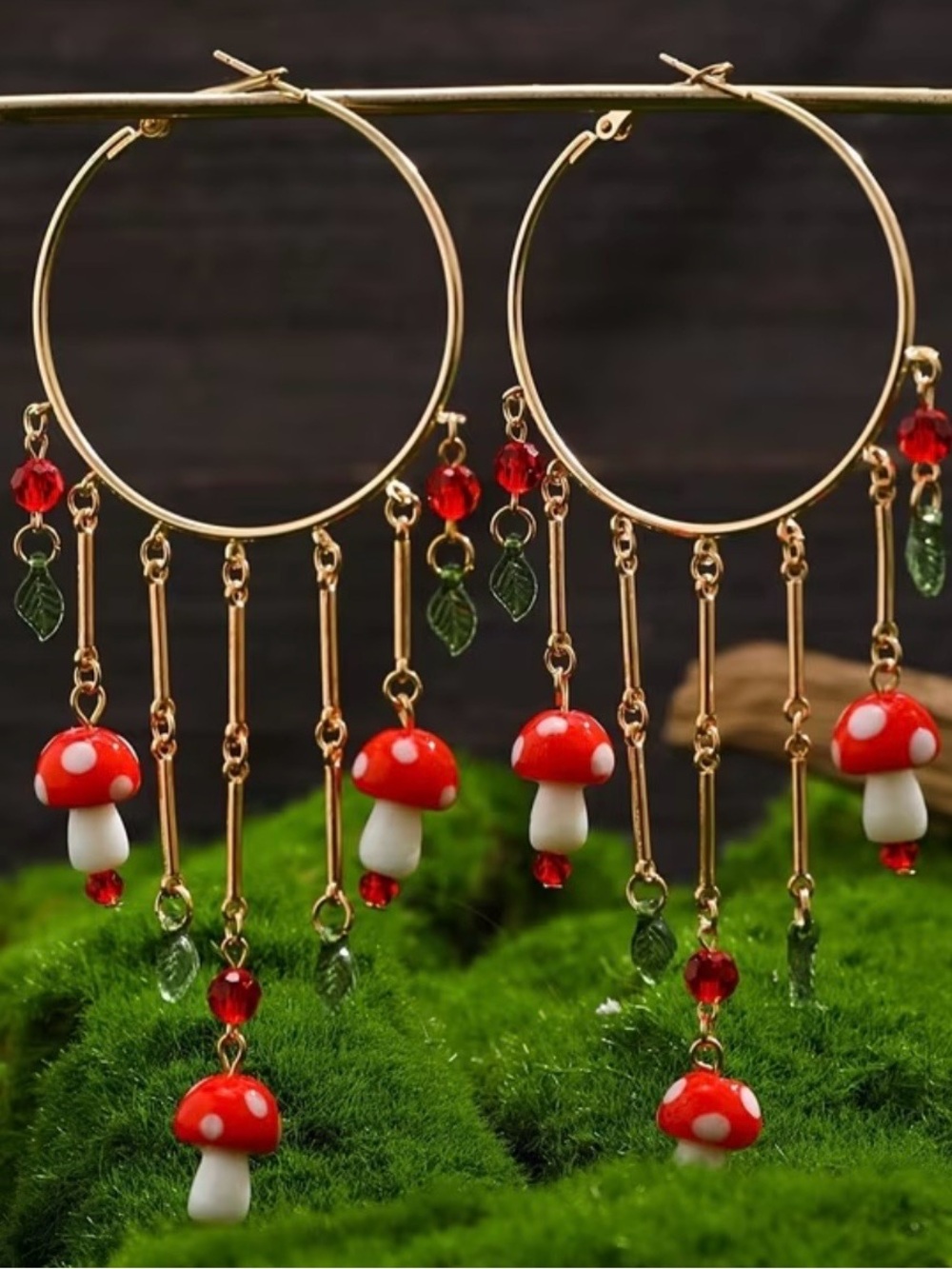 Gold Hoop Mushroom Charm Tassel Earrings